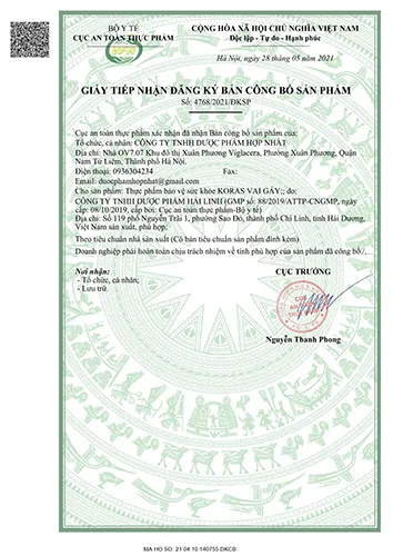Giấy công bố sản phẩm Koras Vai Gáy
