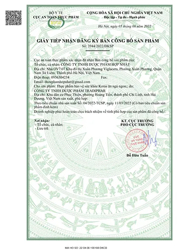 Giấy tiếp nhận đăng ký bản công bố sản phẩm Koras Ăn Ngủ Ngon