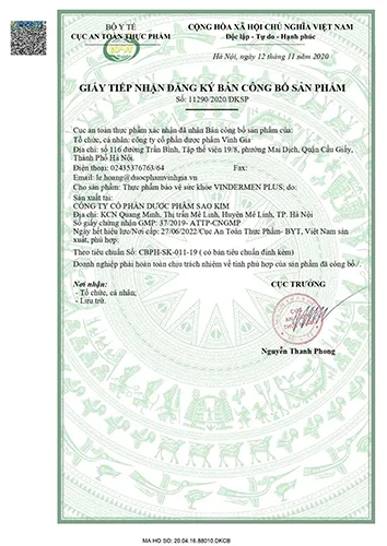 Giấy tiếp nhận đăng ký sản phẩm Vindermen Plus