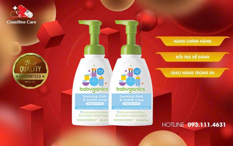 Nước rửa Bình & Đồ dùng Organic Babyganics Foaming Dish & Bottle Soap Fragrance Free không chứa hương liệu