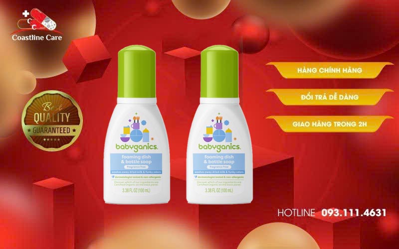 Nước rửa Bình & Đồ dùng Organic Babyganics Foaming Travel Dish & Bottle Soap Fragrance Free không chứa hương liệu
