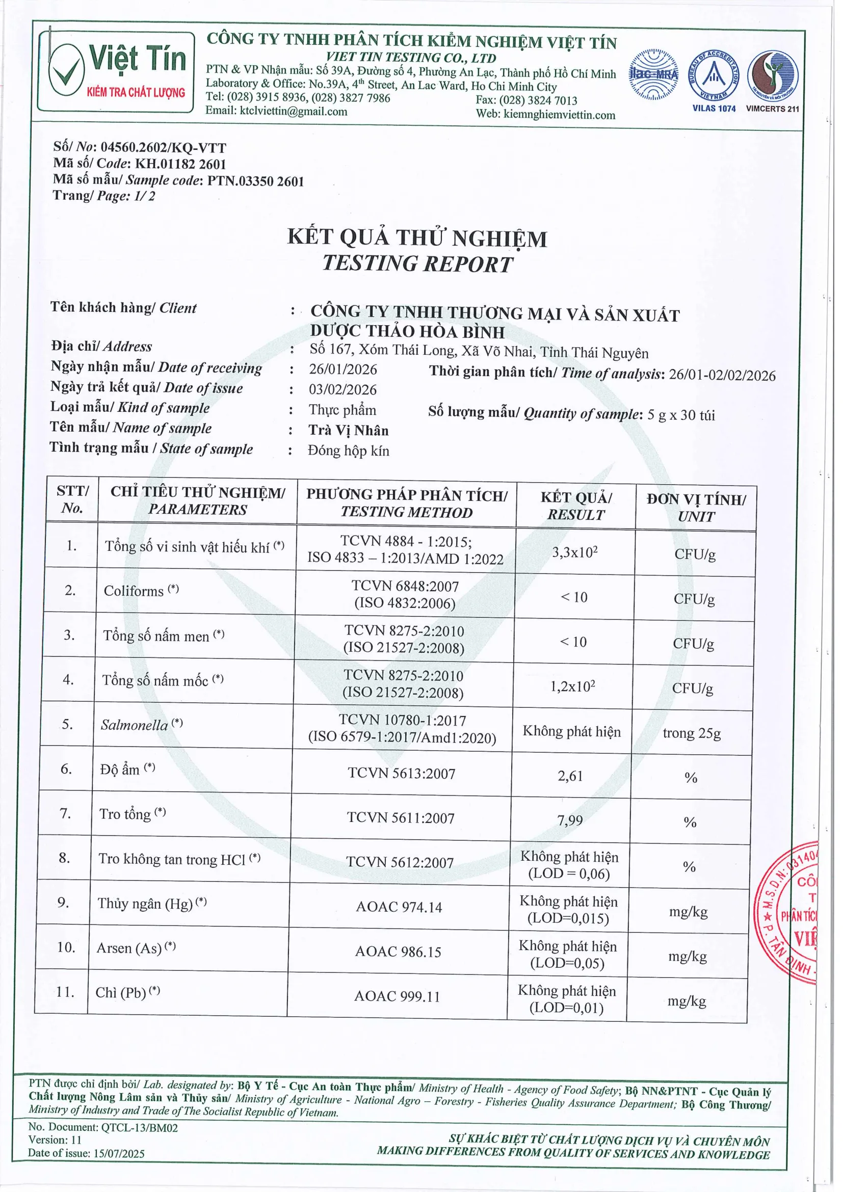 Kết quả kiểm nghiệm Trà Vị Nhân