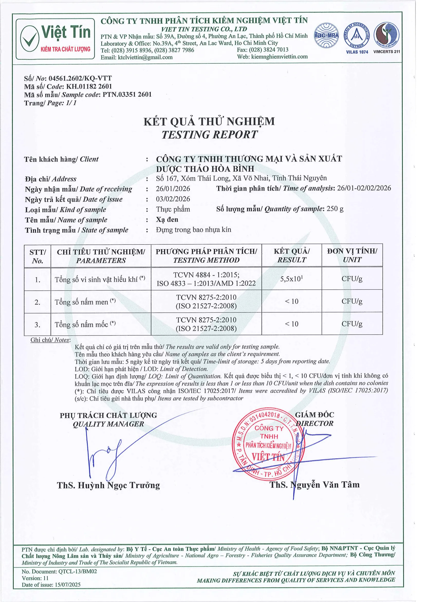 Kết quả kiểm nghiệm Trà Vị Nhân