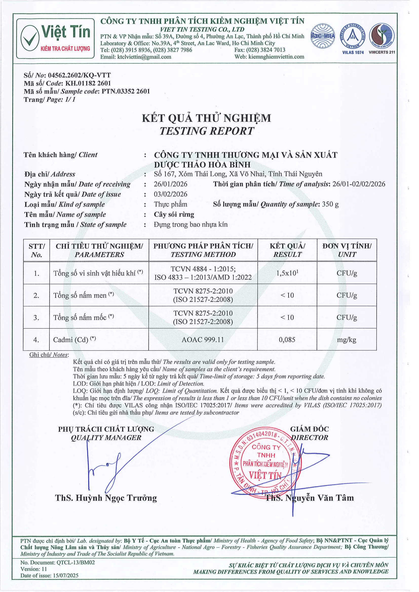 Kết quả kiểm nghiệm Trà Vị Nhân